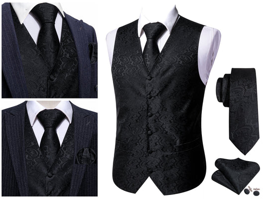 Men's Waistcoat Silky Floral Paisley Gilet Set Tuxedo Vest Barry Wang Casual Business [Black Shells+]