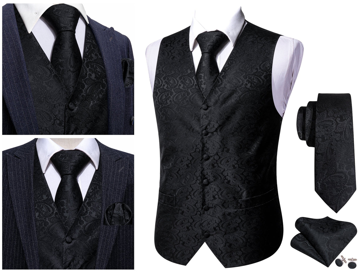 Men's Waistcoat Silky Floral Paisley Gilet Set Tuxedo Vest Barry Wang Casual Business [Royal Blue Whales+]