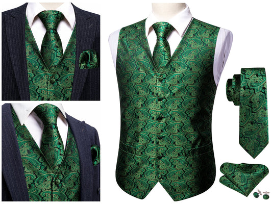 Men's Waistcoat Silky Floral Paisley Gilet Set Tuxedo Vest Barry Wang Casual Business [Seaweed Green Shells+]