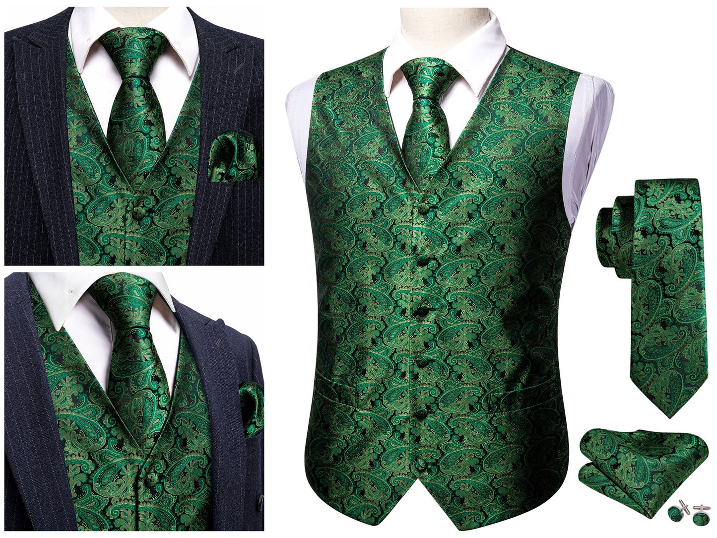 Men's Waistcoat Silky Floral Paisley Gilet Set Tuxedo Vest Barry Wang Casual Business [Royal Blue Shells+]