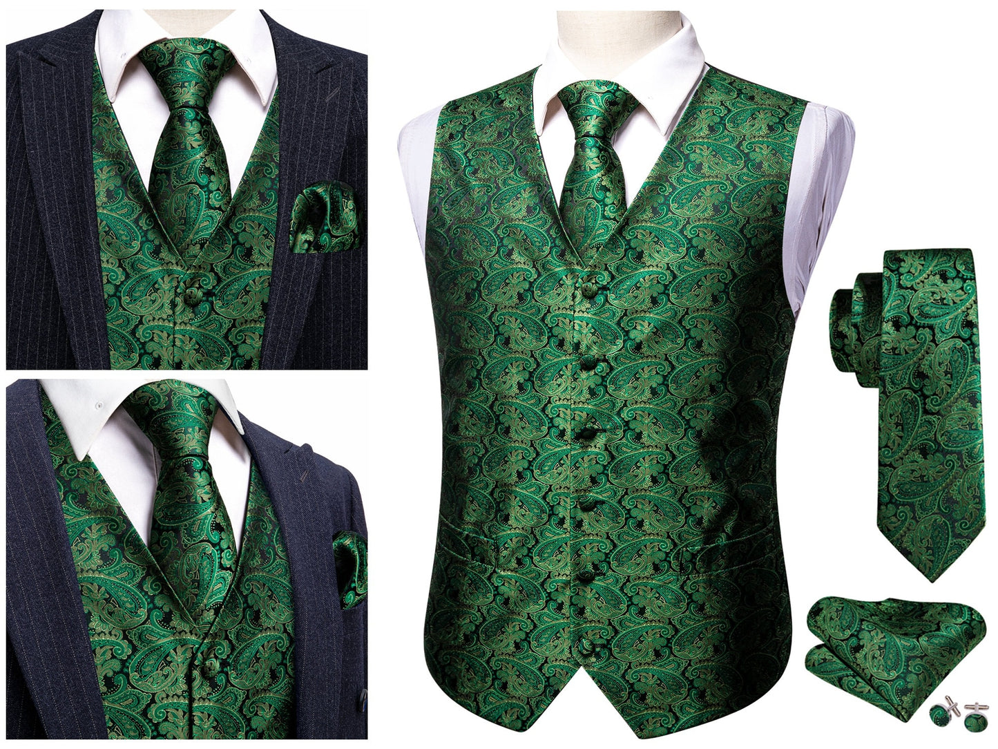 Men's Waistcoat Silky Floral Paisley Gilet Set Tuxedo Vest Barry Wang Casual Business [Black Shells+]