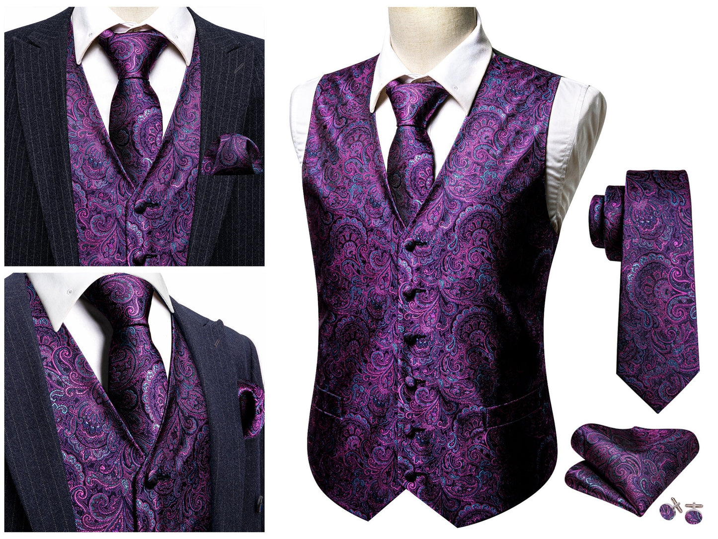 Men's Waistcoat Silky Floral Paisley Gilet Set Tuxedo Vest Barry Wang Casual Business [Seaweed Green Shells+]