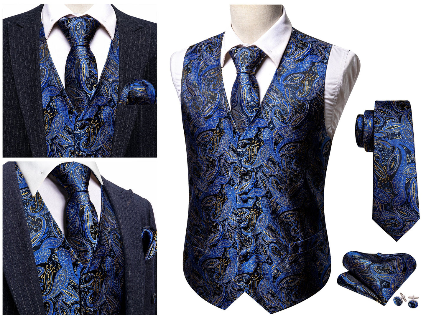 Men's Waistcoat Silky Floral Paisley Gilet Set Tuxedo Vest Barry Wang Casual Business [Royal Blue Shells+]