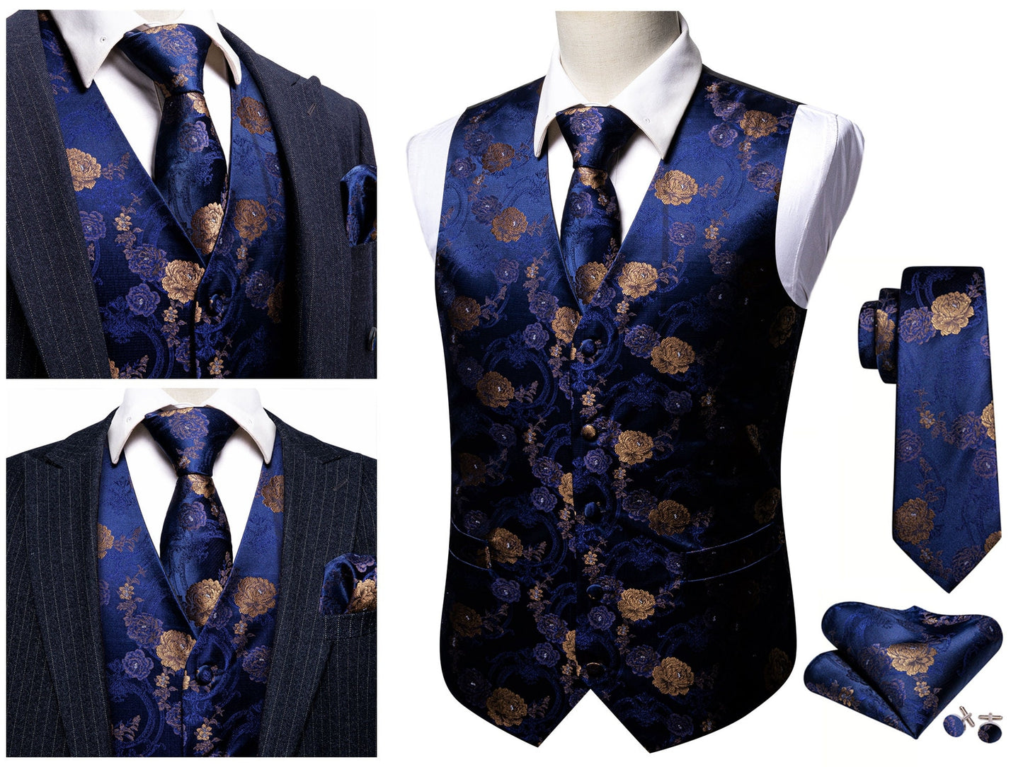 Men's Floral Waistcoat Silky Paisley Gilet Set Tuxedo Vest Barry Wang Casual Business [Garden Blue+]