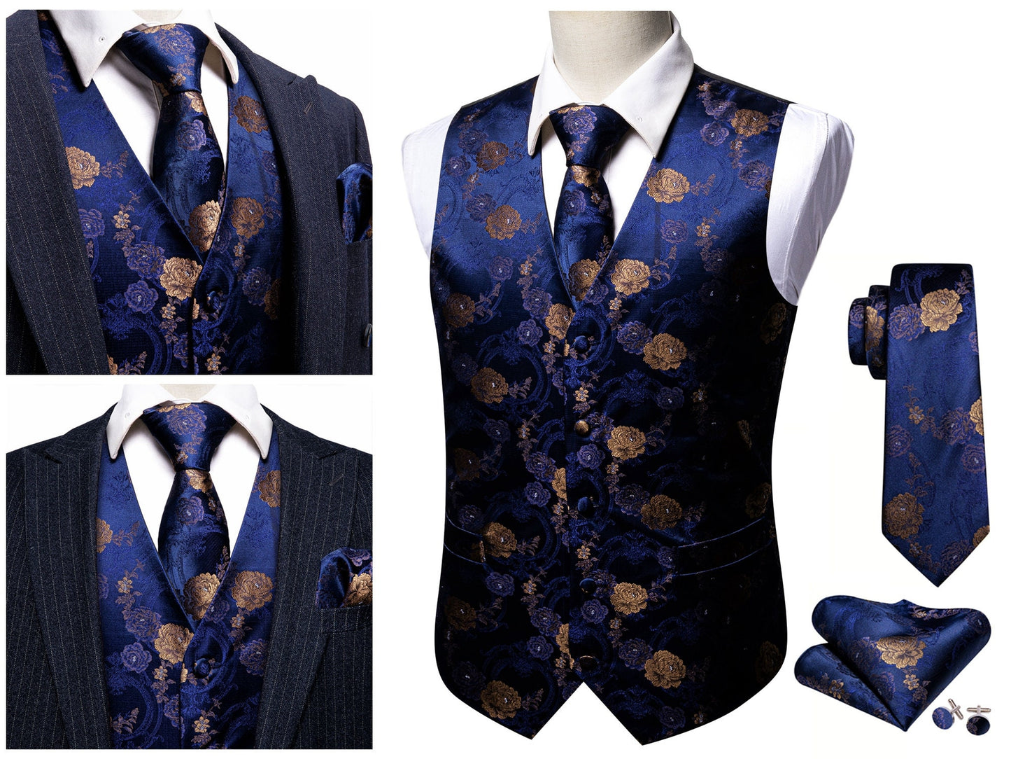 Men's Floral Waistcoat Silky Paisley Gilet Set Tuxedo Vest Barry Wang Casual Business [Green Blast+]