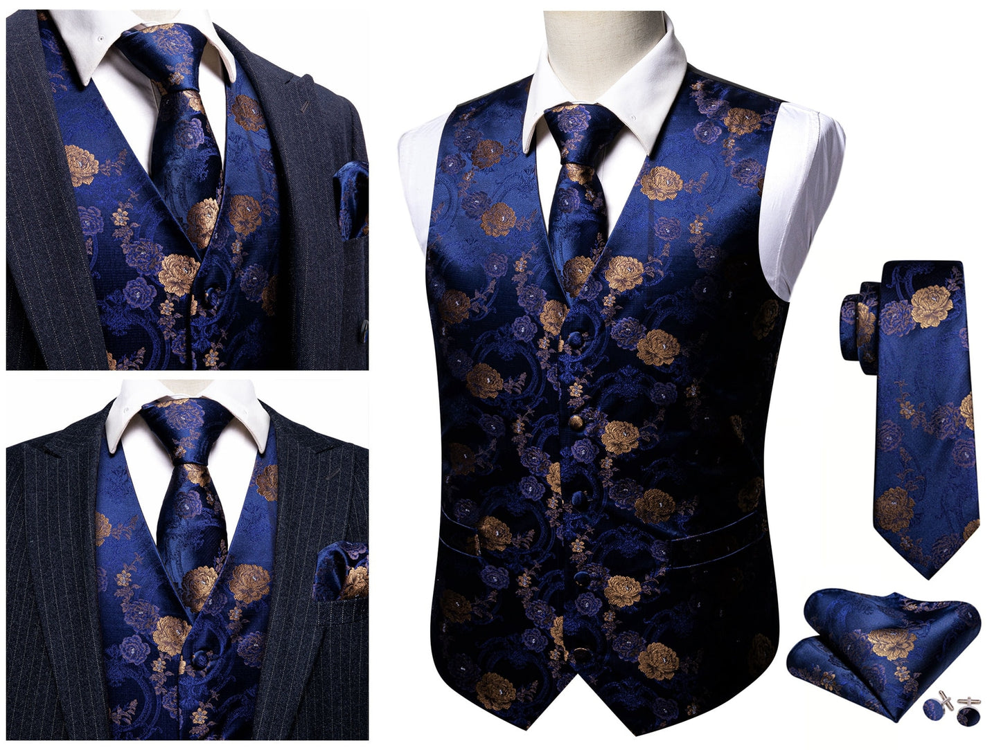 Men's Floral Waistcoat Silky Paisley Gilet Set Tuxedo Vest Barry Wang Casual Business [Serpent Blue+]