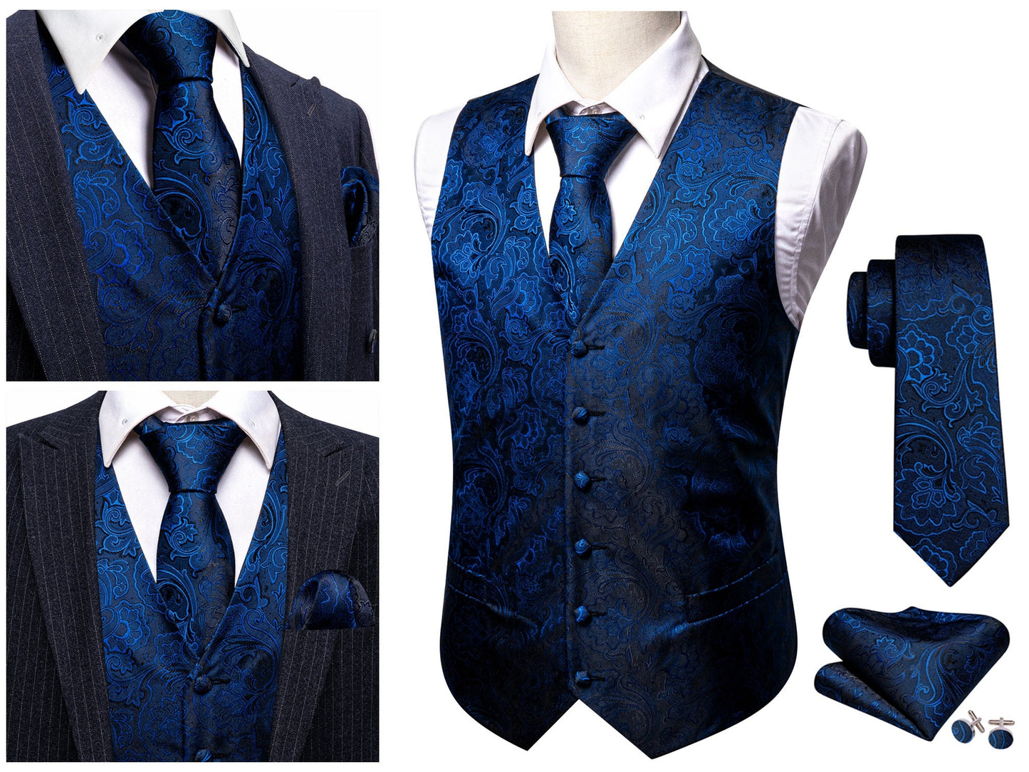 Men's Floral Waistcoat Silky Paisley Gilet Set Tuxedo Vest Barry Wang Casual Business [Garden Blue+]