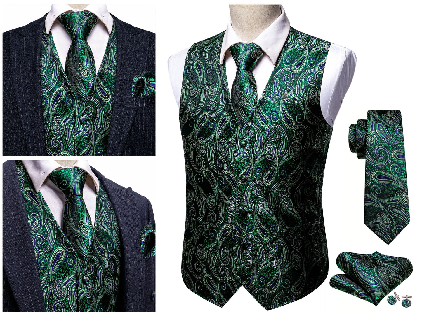 Men's Floral Waistcoat Silky Paisley Gilet Set Tuxedo Vest Barry Wang Casual Business [Daisy Blue+]