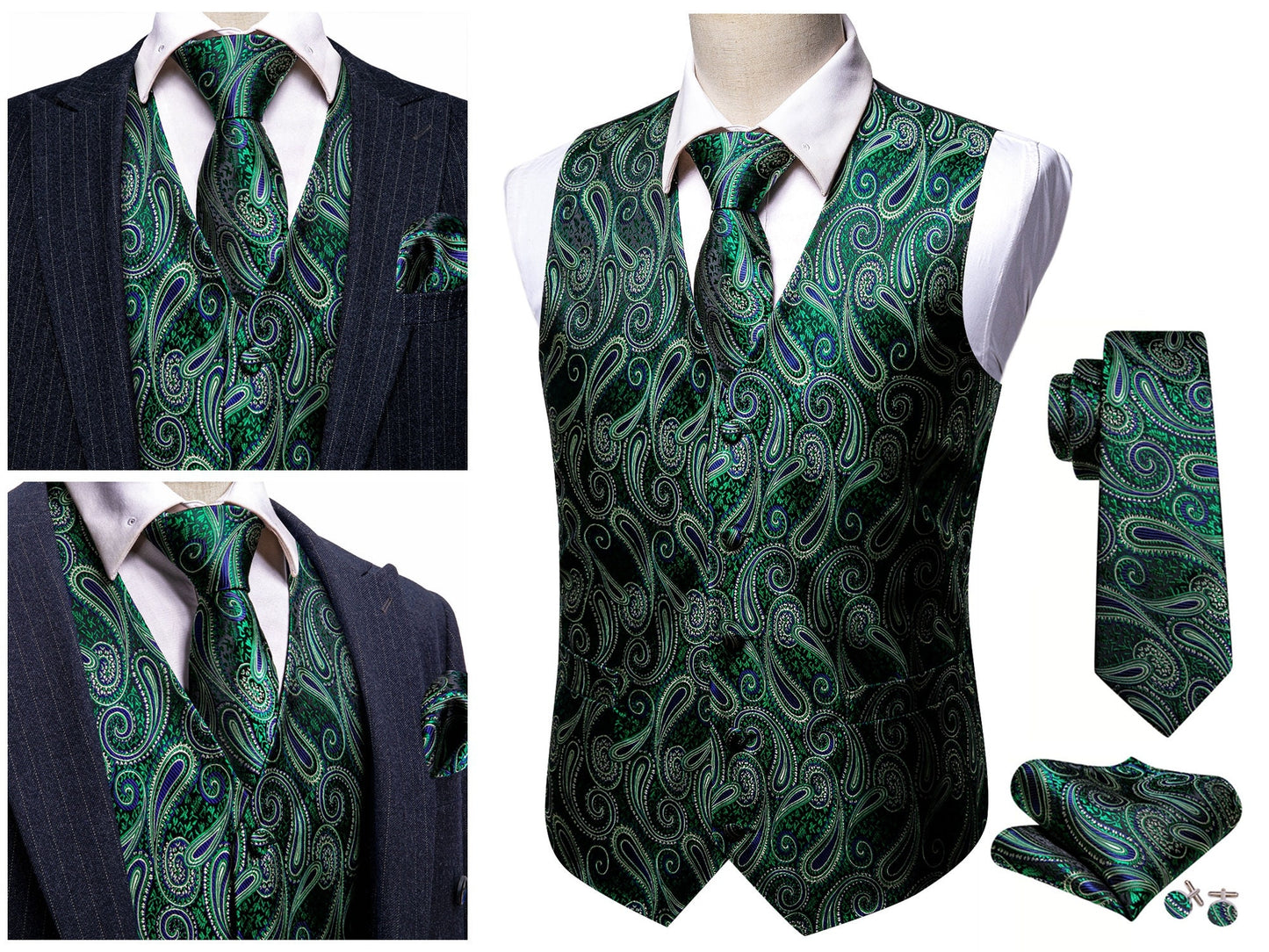 Men's Floral Waistcoat Silky Paisley Gilet Set Tuxedo Vest Barry Wang Casual Business [Green Blast+]