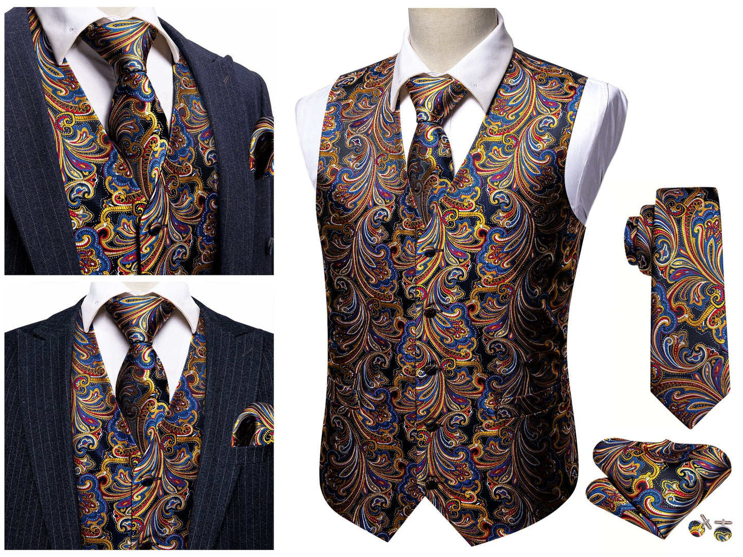 Men's Floral Waistcoat Silky Paisley Gilet Set Tuxedo Vest Barry Wang Casual Business [Serpent Blue+]