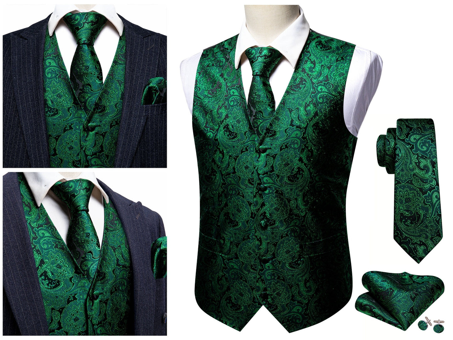 Men's Floral Waistcoat Silky Paisley Gilet Set Tuxedo Vest Barry Wang Casual Business [Garden Blue+]