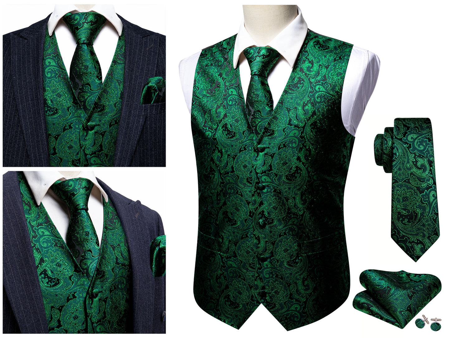 Men's Floral Waistcoat Silky Paisley Gilet Set Tuxedo Vest Barry Wang Casual Business [Serpent Blue+]