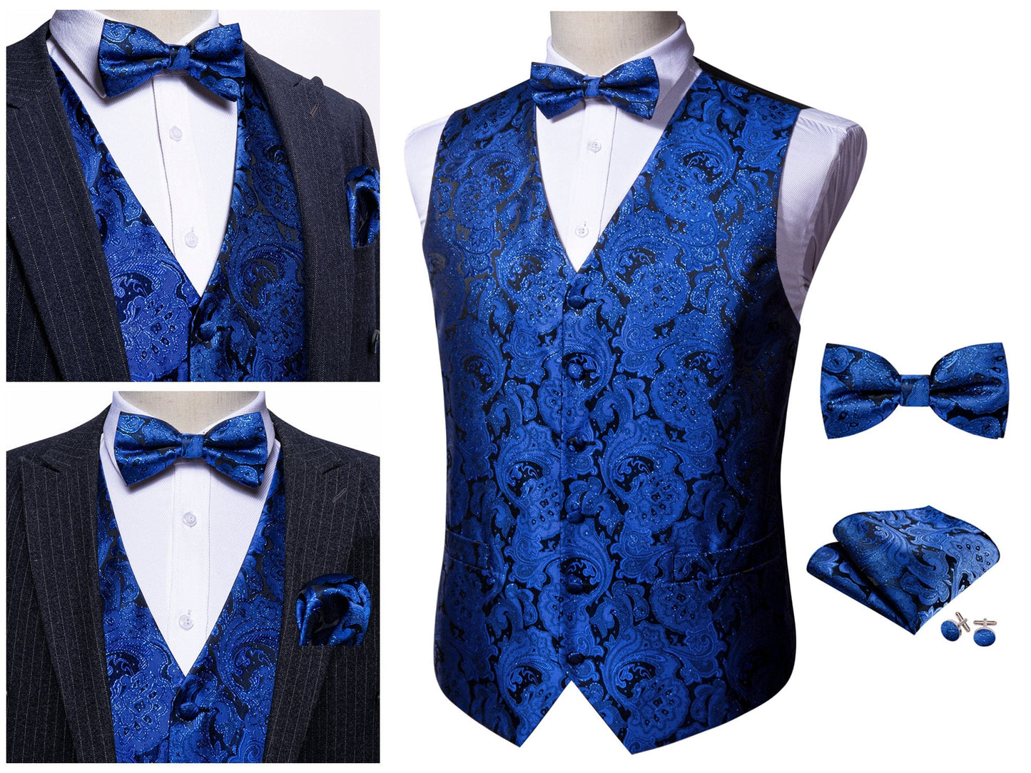Men's Waistcoat Silky Tuxedo  Set French Fan [Royal Blue+]