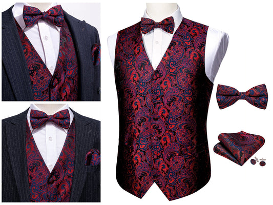 Men's Waistcoat Silky Tuxedo  Set French Fan [Garnet Red+]