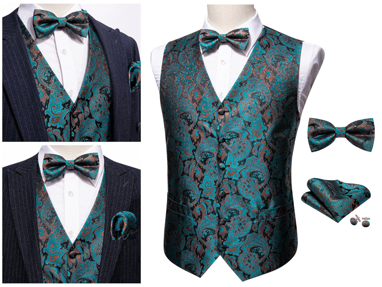 Men's Waistcoat Silky Tuxedo  Set French Fan [Teal Blue+]
