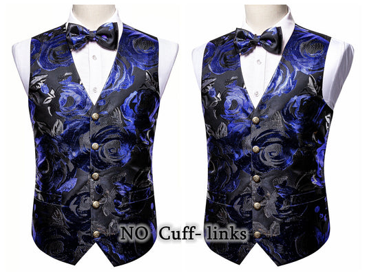 Barry Wang Men's Waistcoat Silky Woven Vest Set Gilet Tuxedo Bowtie Shiny [Royal Blue Ring+]