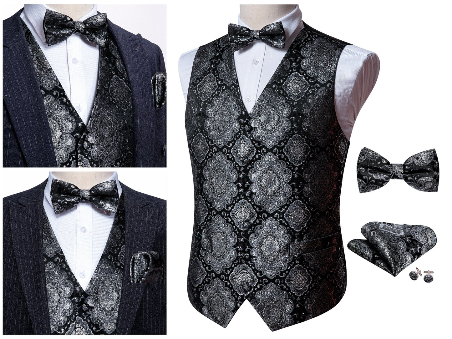 Men's Waistcoat Silky Tuxedo  Set Diamond [Charcoal Grey+]