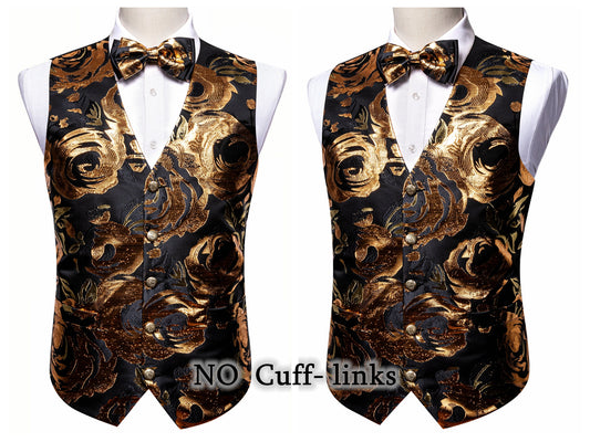 Barry Wang Men's Waistcoat Silky Woven Vest Set Gilet Tuxedo Bowtie Shiny [Bronze Ring+]