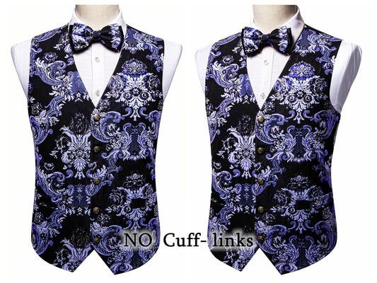 Barry Wang Men's Waistcoat Silky Woven Vest Set Gilet Tuxedo Bowtie Shiny Palace [Feather Blue+]