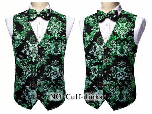Barry Wang Men's Waistcoat Silky Woven Vest Set Gilet Tuxedo Bowtie Shiny Palace [Feather Green+]