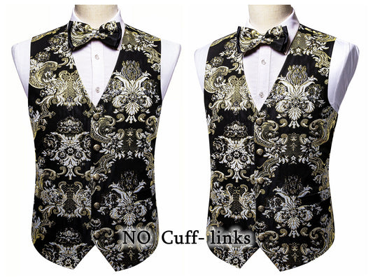 Barry Wang Men's Waistcoat Silky Woven Vest Set Gilet Tuxedo Bowtie Shiny Palace [Feather Cream+]