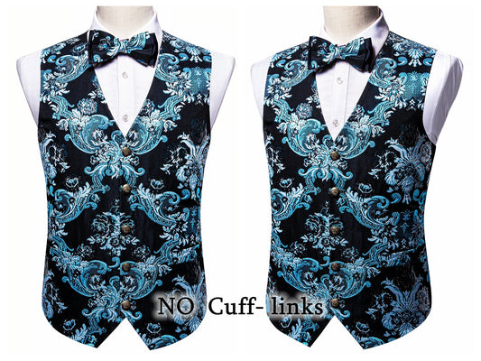 Barry Wang Men's Waistcoat Silky Woven Vest Set Gilet Tuxedo Bowtie Shiny Palace [Feather Aqua Blue+]