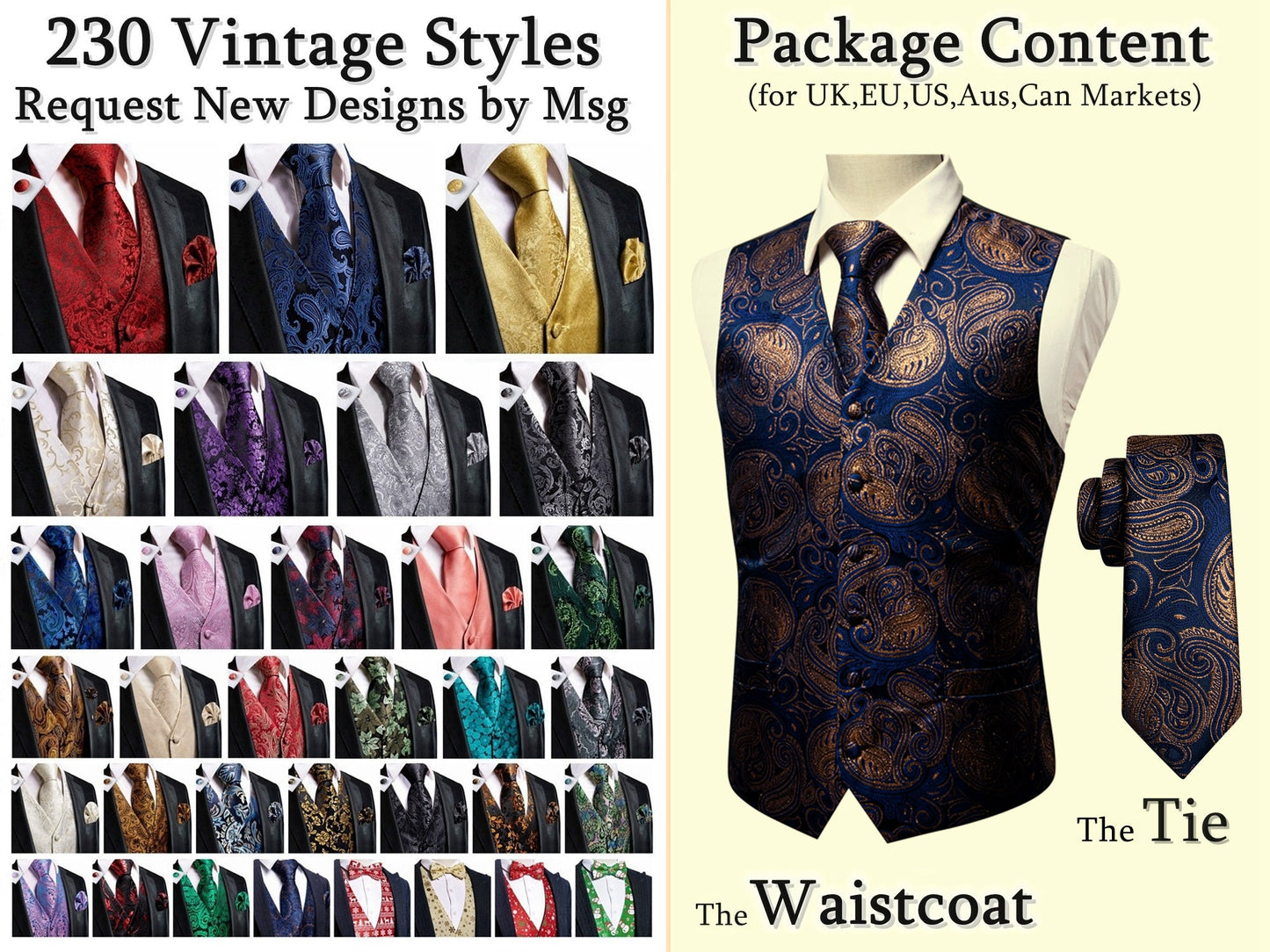 Men's Paisley Waistcoat Set Floral Gilet Tuxedo Silky Vest Barry Wang Casual Business [Whales Ocean Blue+]