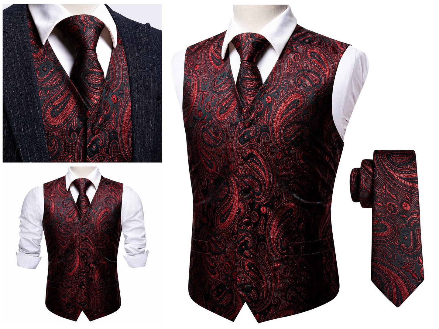 Men's Paisley Waistcoat Set Floral Gilet Tuxedo Silky Vest Barry Wang Casual Business [Whales Ocean Blue+]