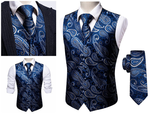 Men's Paisley Waistcoat Set Floral Gilet Tuxedo Silky Vest Barry Wang Casual Business [Whales Ocean Blue+]