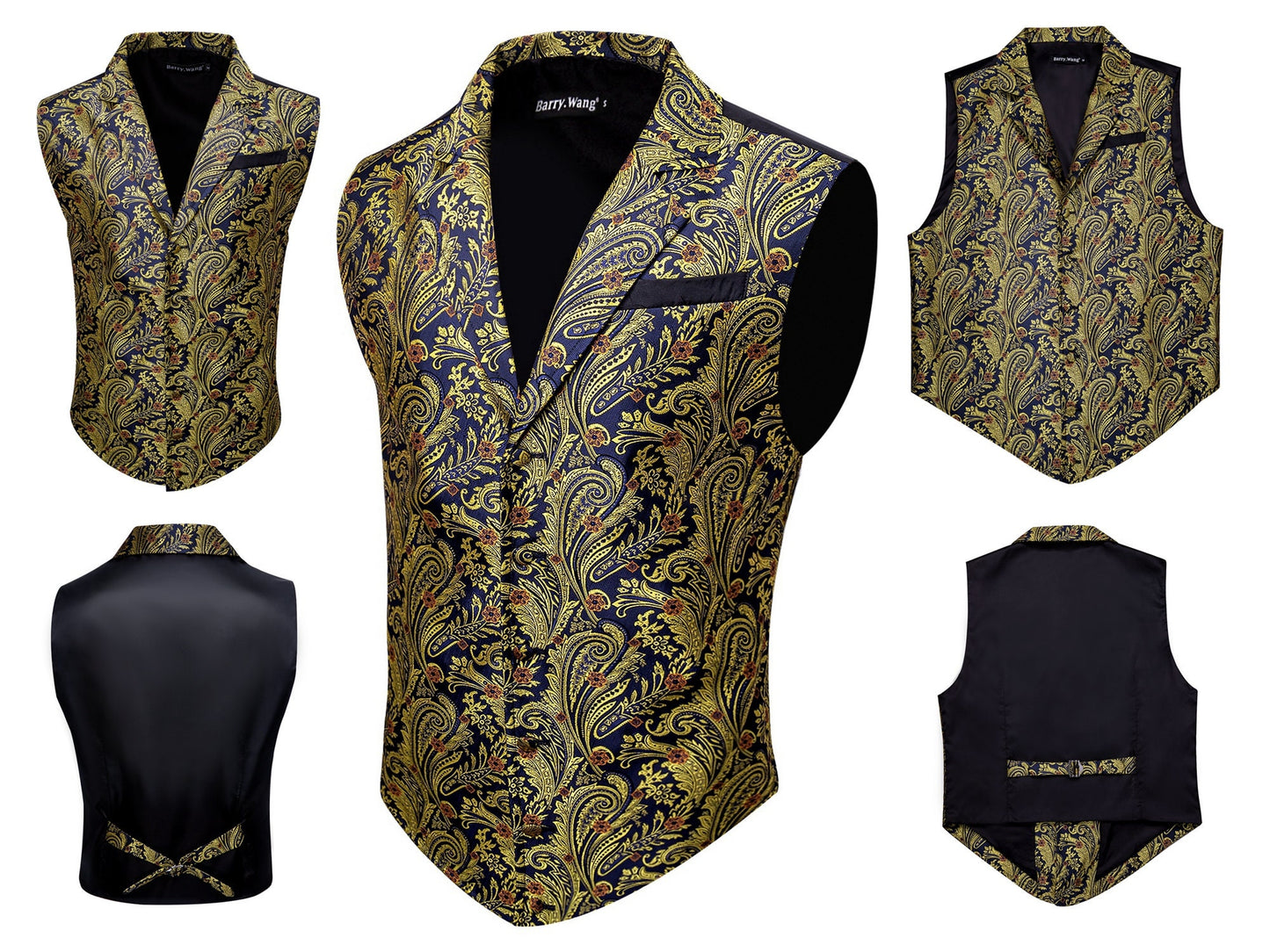 Men's Victorian Waistcoat Floral Vintage Paisley Silky Gilet Retro Vest Barry Wang Steampunk Cosplay [Gold+]