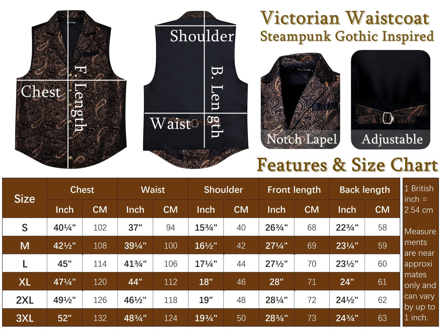 Victorian Waistcoat Steampunk Vintage Vest Silky Retro Ring Bronze